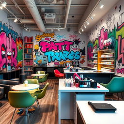 A vibrant nail salon interior inspired by street art, featuring stylish chairs and tables arranged throughout the space