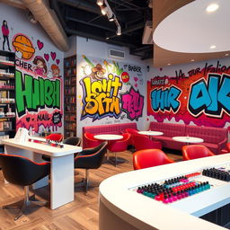 A vibrant nail salon interior inspired by street art, featuring stylish chairs and tables arranged throughout the space