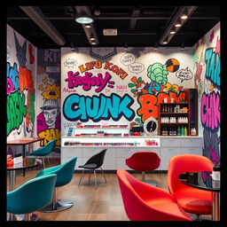 A vibrant nail salon interior inspired by street art, featuring stylish chairs and tables arranged throughout the space