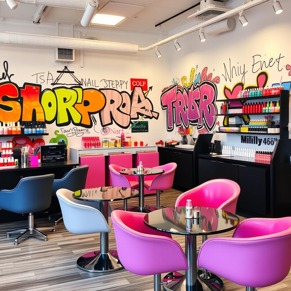 A nail salon decor featuring a vibrant and artistic street art inspiration, with stylish chairs and tables arranged beautifully