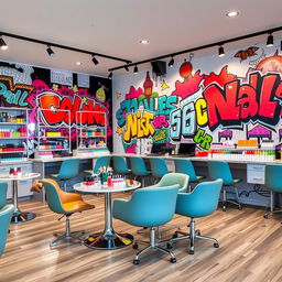 A nail salon decor featuring a vibrant and artistic street art inspiration, with stylish chairs and tables arranged beautifully