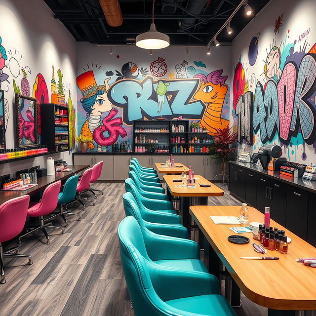 A nail salon decor featuring a vibrant and artistic street art inspiration, with stylish chairs and tables arranged beautifully