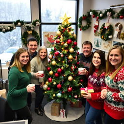 A festive and cheerful Christmas-themed workplace scene, showcasing employees gathered around a decorated office Christmas tree