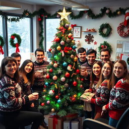 A festive and cheerful Christmas-themed workplace scene, showcasing employees gathered around a decorated office Christmas tree