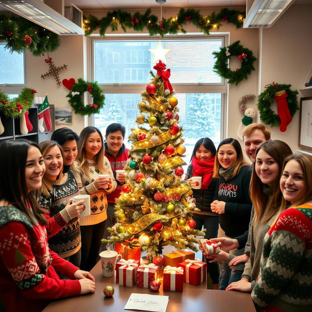 A festive and cheerful Christmas-themed workplace scene, showcasing employees gathered around a decorated office Christmas tree