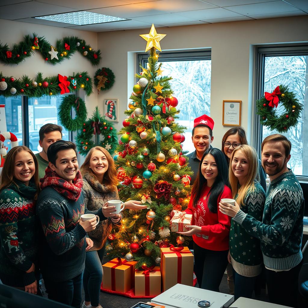 A festive and cheerful Christmas-themed workplace scene, showcasing employees gathered around a decorated office Christmas tree