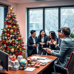A festive Christmas-themed office setting for a cross-border import and export company