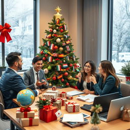 A festive Christmas-themed office setting for a cross-border import and export company