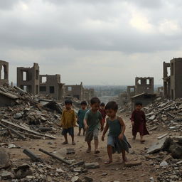 A poignant and emotional scene depicting the reality of children growing up in war-torn Syria, surrounded by the remnants of destruction