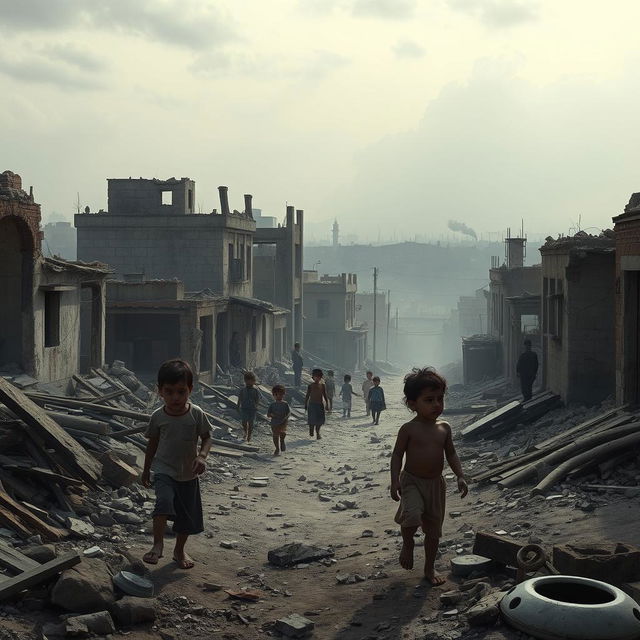 A poignant and emotional scene depicting the reality of children growing up in war-torn Syria, surrounded by the remnants of destruction