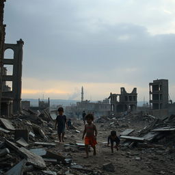 A poignant and emotional scene depicting the reality of children growing up in war-torn Syria, surrounded by the remnants of destruction