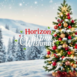 A festive and elegant Christmas card design featuring a snowy winter landscape background