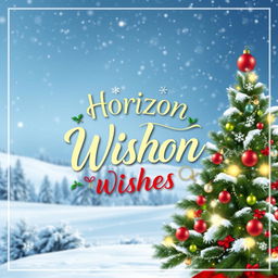 A festive and elegant Christmas card design featuring a snowy winter landscape background