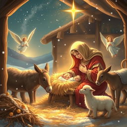 A beautiful and heartwarming Christmas scene depicting the birth of Jesus in a tranquil stable, surrounded by a glowing aura