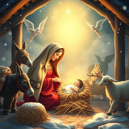 A beautiful and heartwarming Christmas scene depicting the birth of Jesus in a tranquil stable, surrounded by a glowing aura