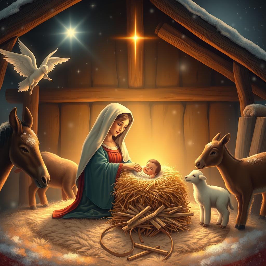 A beautiful and heartwarming Christmas scene depicting the birth of Jesus in a tranquil stable, surrounded by a glowing aura