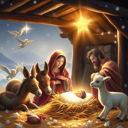 A beautiful and heartwarming Christmas scene depicting the birth of Jesus in a tranquil stable, surrounded by a glowing aura