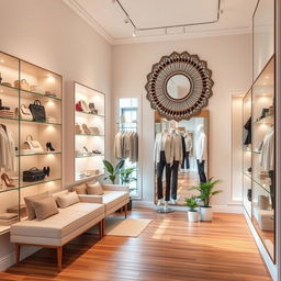 A modern and stylish boutique interior, showcasing an elegant display of clothing and accessories