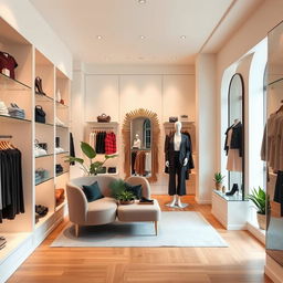 A modern and stylish boutique interior, showcasing an elegant display of clothing and accessories