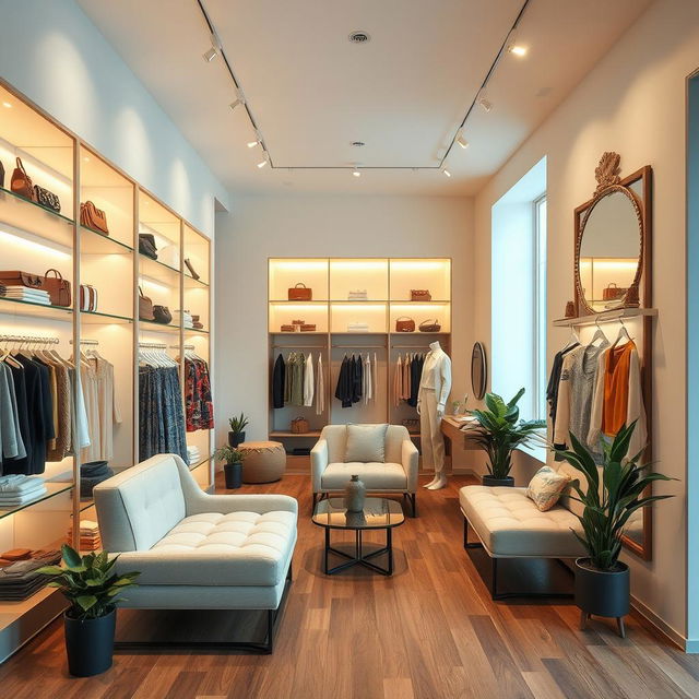 A modern and stylish boutique interior, showcasing an elegant display of clothing and accessories