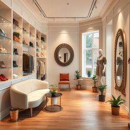 A modern and stylish boutique interior, showcasing an elegant display of clothing and accessories