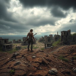 A dystopian landscape set in a post-apocalyptic world with decaying buildings overrun by nature, showcasing a harsh environment with cracked earth and barren, rocky terrain