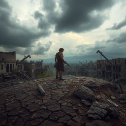 A dystopian landscape set in a post-apocalyptic world with decaying buildings overrun by nature, showcasing a harsh environment with cracked earth and barren, rocky terrain