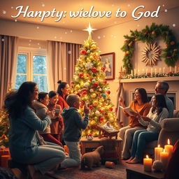 A festive Christmas scene celebrating gratitude to God, featuring a beautifully decorated Christmas tree adorned with twinkling lights and colorful ornaments, surrounded by joyful families embracing in warm, loving moments