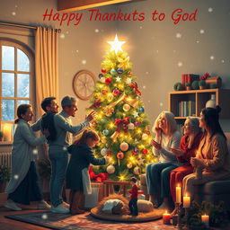 A festive Christmas scene celebrating gratitude to God, featuring a beautifully decorated Christmas tree adorned with twinkling lights and colorful ornaments, surrounded by joyful families embracing in warm, loving moments