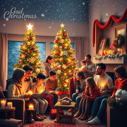 A festive Christmas scene celebrating gratitude to God, featuring a beautifully decorated Christmas tree adorned with twinkling lights and colorful ornaments, surrounded by joyful families embracing in warm, loving moments