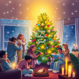 A festive Christmas scene celebrating gratitude to God, featuring a beautifully decorated Christmas tree adorned with twinkling lights and colorful ornaments, surrounded by joyful families embracing in warm, loving moments