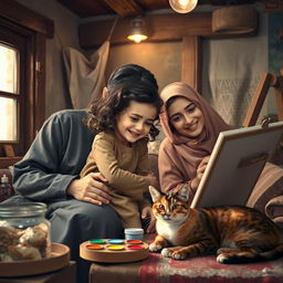 A warm and cozy scene depicting a Christian Iranian religious family inside their village house