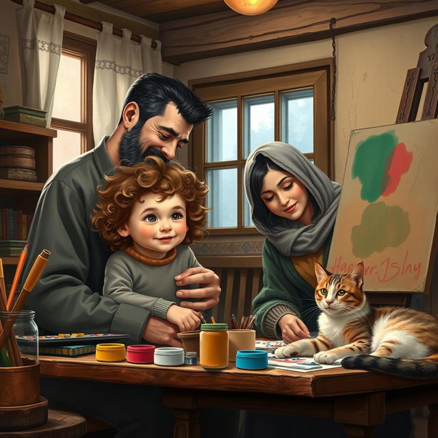 A warm and cozy scene depicting a Christian Iranian religious family inside their village house