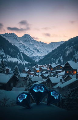 A serene mountain village nestled among snowy peaks, shrouded in a mystical atmosphere