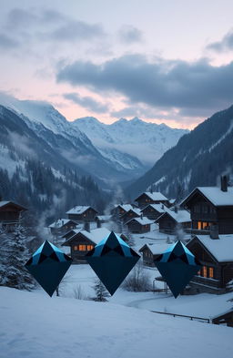 A serene mountain village nestled among snowy peaks, shrouded in a mystical atmosphere