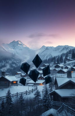 A serene mountain village nestled among snowy peaks, shrouded in a mystical atmosphere