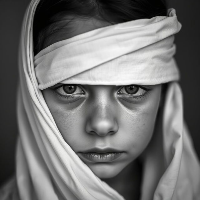 A portrait of a girl with her eyes covered by a white cloth, tears rolling down her face, capturing a poignant and emotional moment