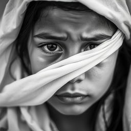 A portrait of a girl with her eyes covered by a white cloth, tears rolling down her face, capturing a poignant and emotional moment