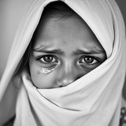 A portrait of a girl with her eyes covered by a white cloth, tears rolling down her face, capturing a poignant and emotional moment