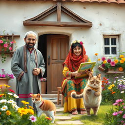 A warm and inviting scene of a Christian family in front of their charming village house