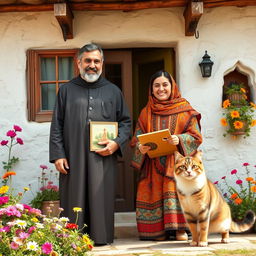 A warm and inviting scene of a Christian family in front of their charming village house
