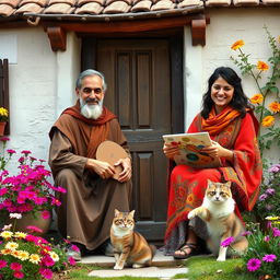 A warm and inviting scene of a Christian family in front of their charming village house