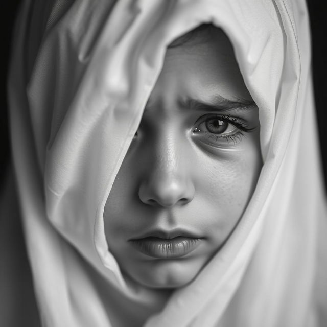 A black and white portrait of a girl with her eyes covered by a white cloth, tears streaming down her face, expressing deep emotion