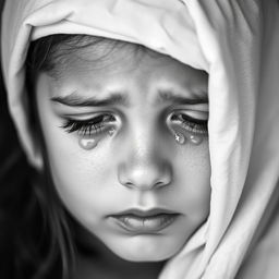 A black and white portrait of a girl with her eyes covered by a white cloth, tears streaming down her face, expressing deep emotion