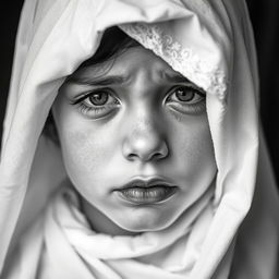 A black and white portrait of a girl with her eyes covered by a white cloth, tears streaming down her face, expressing deep emotion