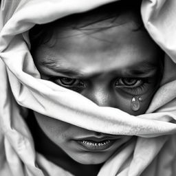 A black and white portrait of a girl with her eyes covered by a white cloth, tears streaming down her face, expressing deep emotion