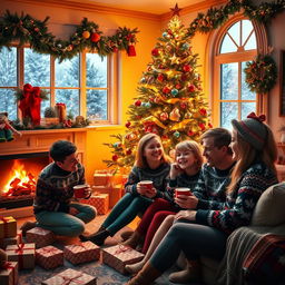 A warm and cozy Christmas scene featuring a beautifully decorated living room with a large Christmas tree adorned with colorful lights and ornaments