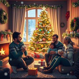 A warm and cozy Christmas scene featuring a beautifully decorated living room with a large Christmas tree adorned with colorful lights and ornaments