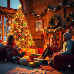 A warm and cozy Christmas scene featuring a beautifully decorated living room with a large Christmas tree adorned with colorful lights and ornaments