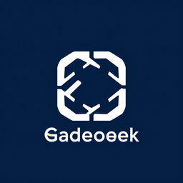 A logo designed in white color, prominently displayed against a deep navy blue background
